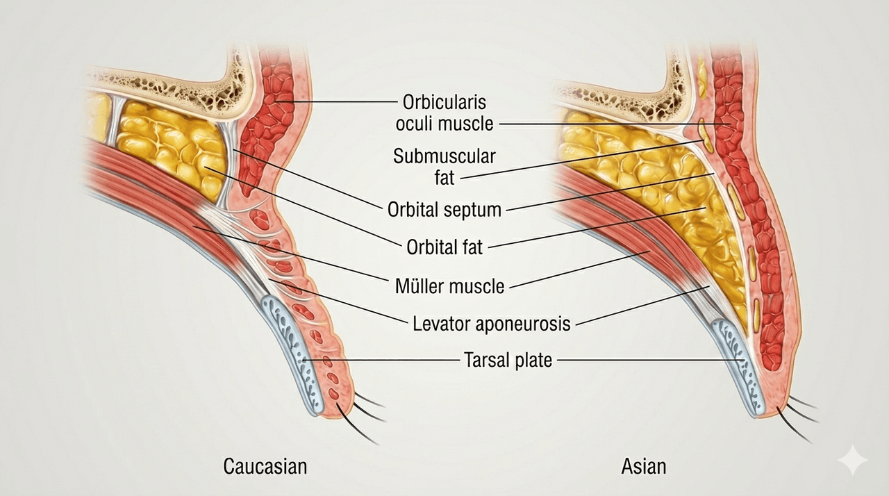 Cross-sectional comparison of Caucasian and Asian upper eyelid anatomy β levator aponeurosis attachment, orbital septum position, and preseptal fat